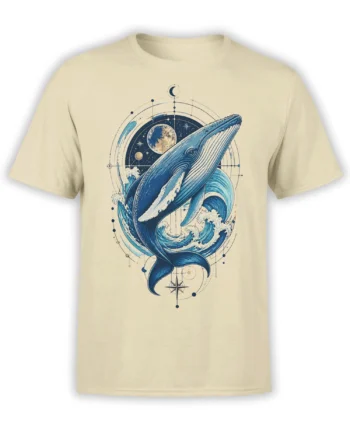 Blue whale T-shirt on a beige shirt with ocean waves, moon, stars, planets, and compass details