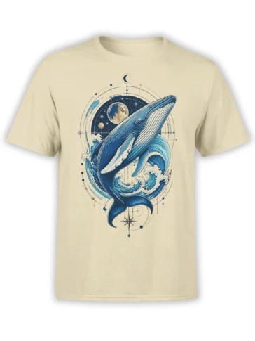Blue whale T-shirt on a beige shirt with ocean waves, moon, stars, planets, and compass details