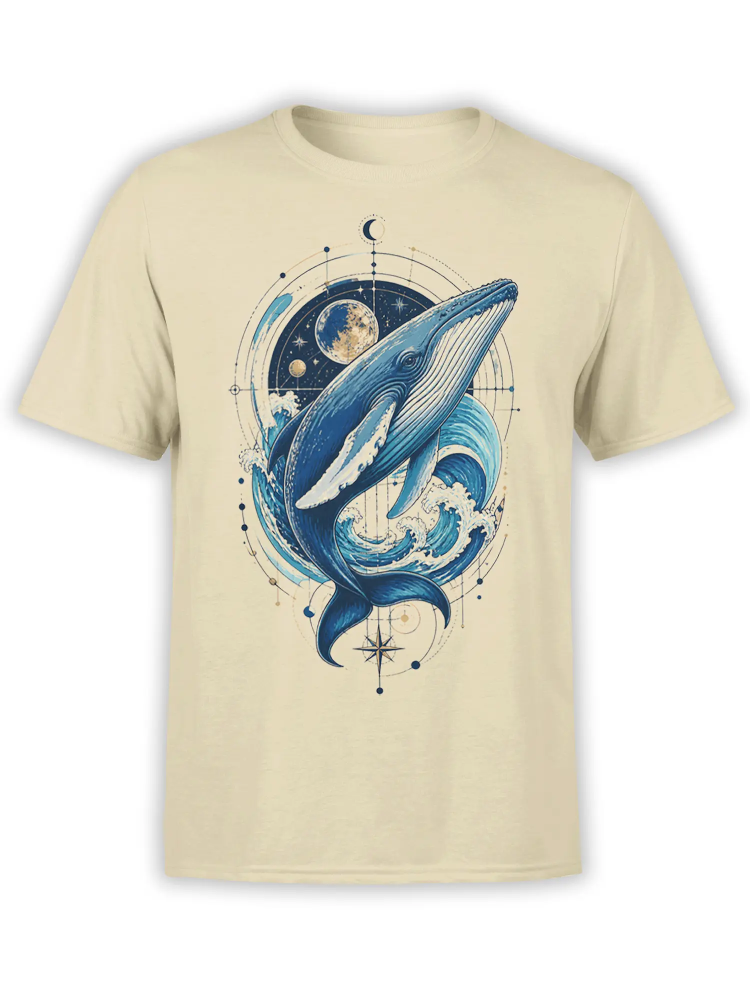 Blue whale T-shirt on a beige shirt with ocean waves, moon, stars, planets, and compass details
