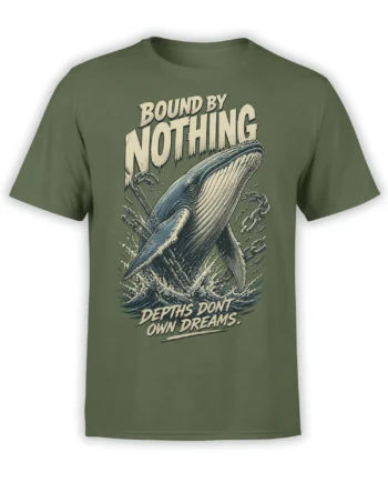 Green whale T-shirt with breaking chains, ocean waves, and the words Bound by Nothing