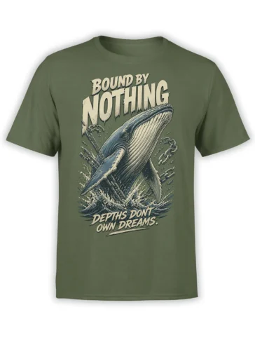 Green whale T-shirt with breaking chains, ocean waves, and the words Bound by Nothing