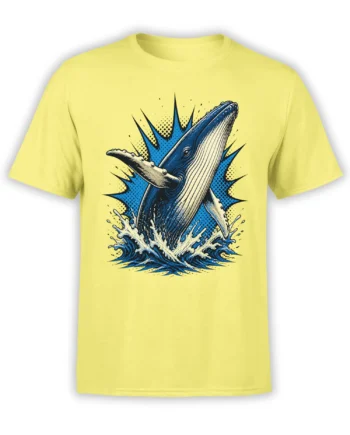Yellow whale t-shirt with a breaching whale, blue waves, splash details, and vintage comic-book artwork