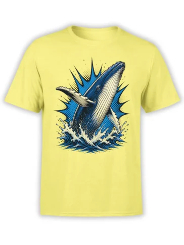 Yellow whale t-shirt with a breaching whale, blue waves, splash details, and vintage comic-book artwork