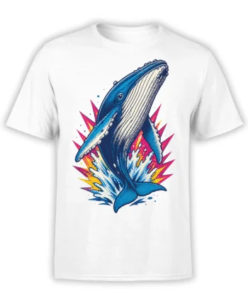 White T-shirt with a blue breaching whale, crashing waves, and bright pink and yellow pop-art bursts