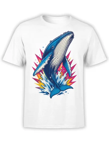 White T-shirt with a blue breaching whale, crashing waves, and bright pink and yellow pop-art bursts