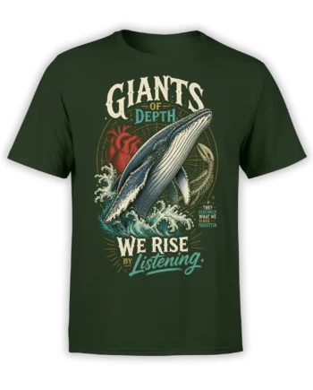 Dark green whale T-shirt with ocean waves, an anatomical heart, and the words Giants of Depth