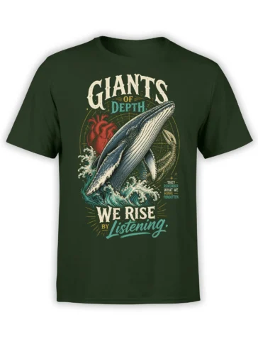 Dark green whale T-shirt with ocean waves, an anatomical heart, and the words Giants of Depth