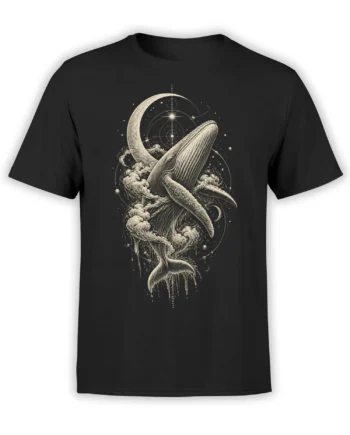 Black whale T-shirt with a cream cosmic ocean design, crescent moon, stars, planets, and crashing waves
