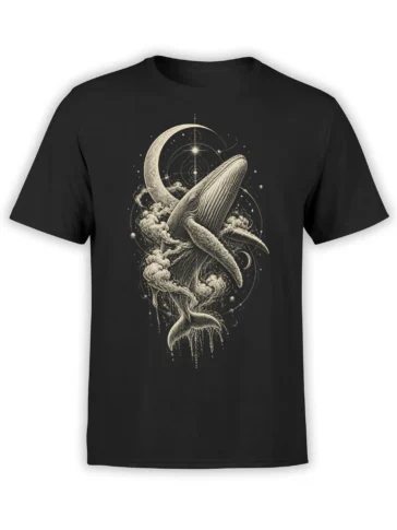 Black whale T-shirt with a cream cosmic ocean design, crescent moon, stars, planets, and crashing waves