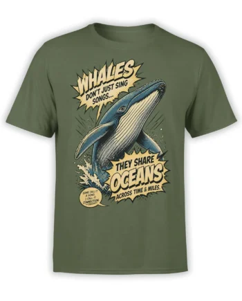Vintage whale graphic on a green T-shirt with bold lettering about songs, oceans, and connection