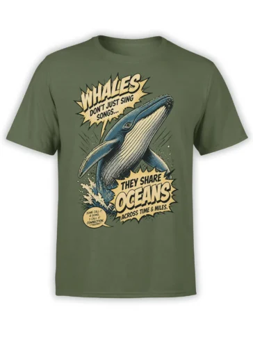 Vintage whale graphic on a green T-shirt with bold lettering about songs, oceans, and connection