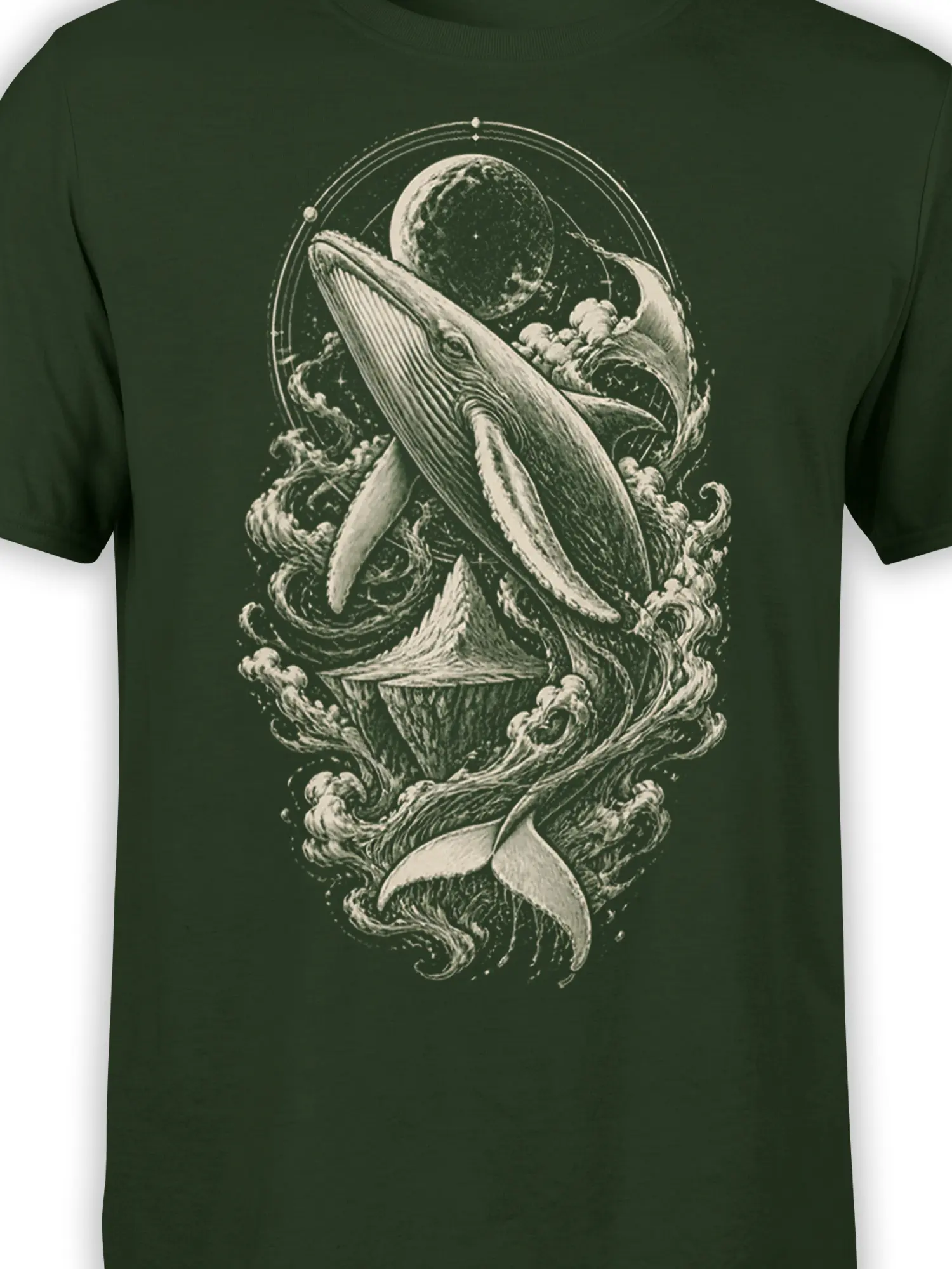 Close-up of the breaching whale, curling waves, iceberg, and celestial artwork on a dark green shirt