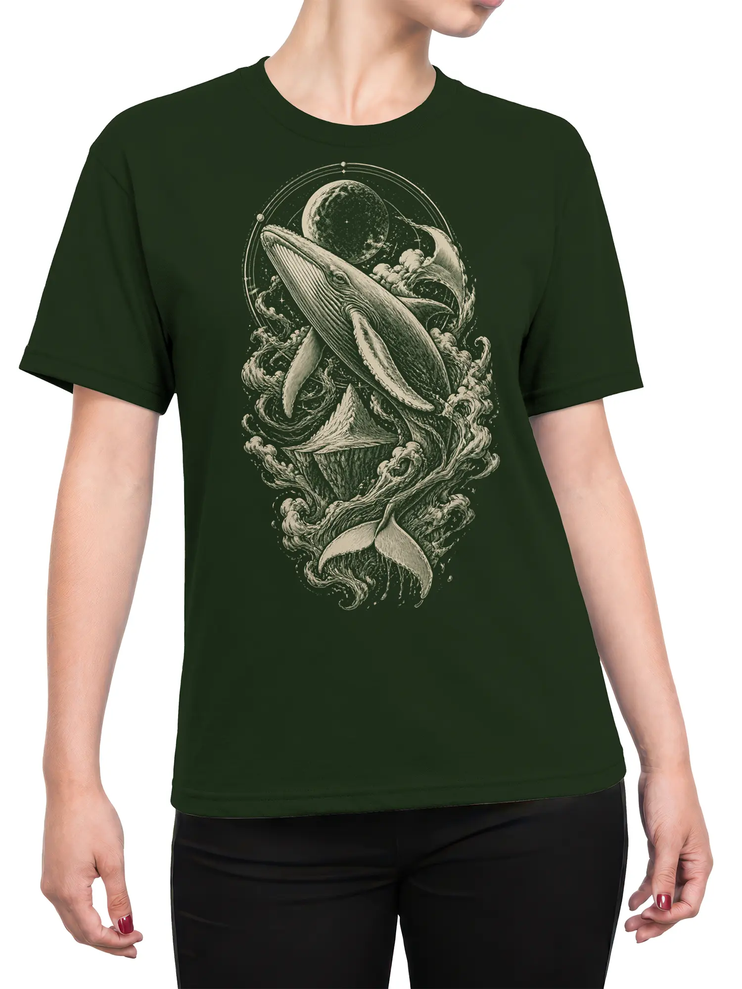 Female torso wearing a dark green T-shirt with a vintage cosmic whale and ocean wave illustration