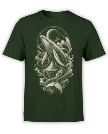 Breaching whale and ocean waves beneath a celestial sphere on a dark green graphic T-shirt