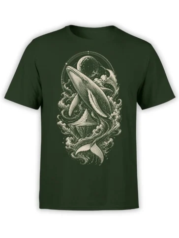 Breaching whale and ocean waves beneath a celestial sphere on a dark green graphic T-shirt