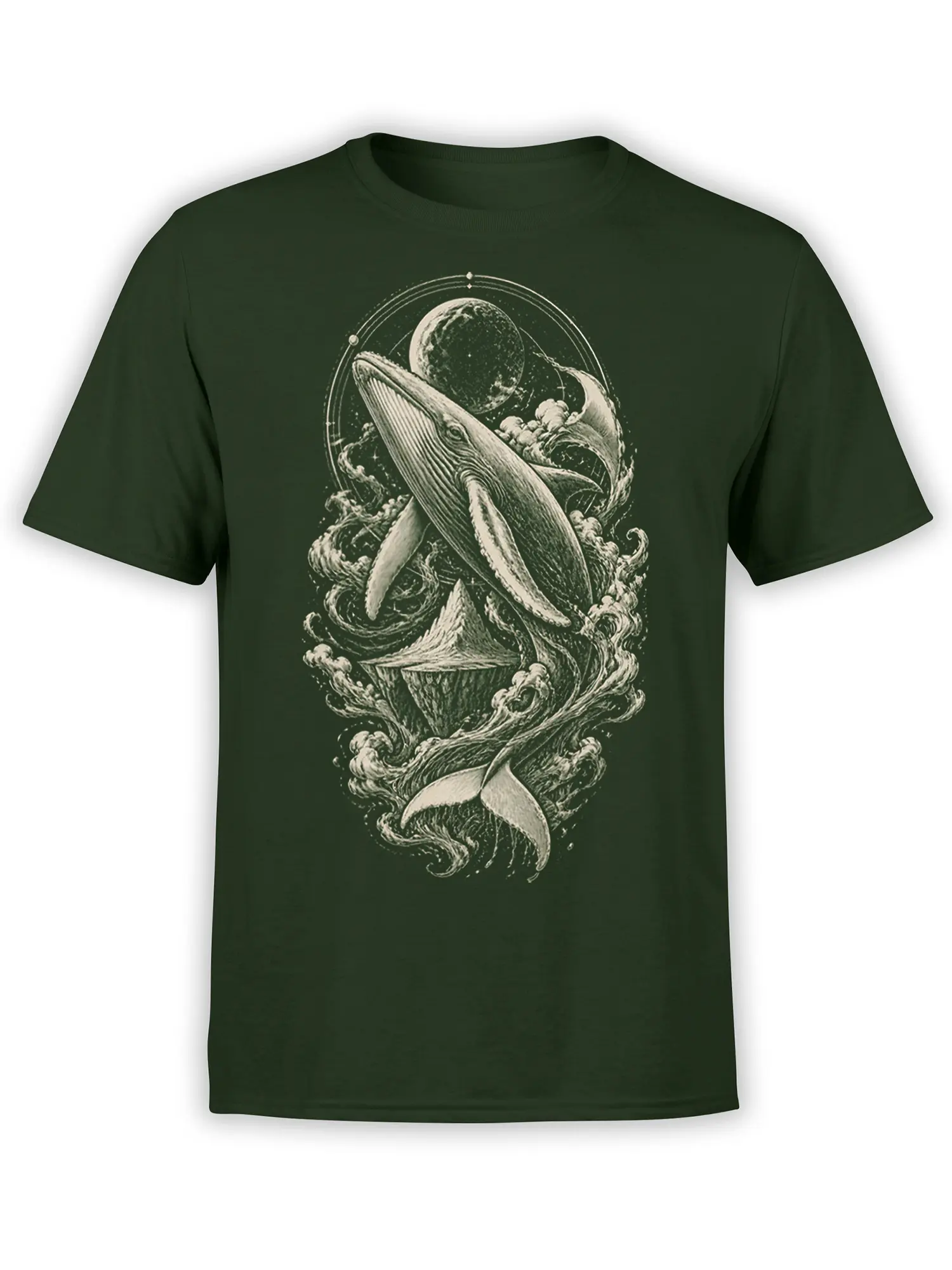 Breaching whale and ocean waves beneath a celestial sphere on a dark green graphic T-shirt