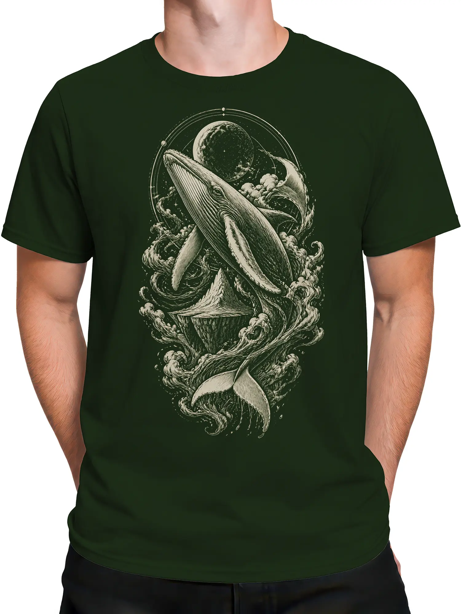Male torso wearing a dark green whale T-shirt with vintage ocean and celestial artwork