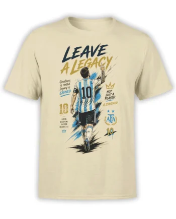 Beige soccer T-shirt with number 10 player, blue-white stripes, and bold Leave a Legacy lettering