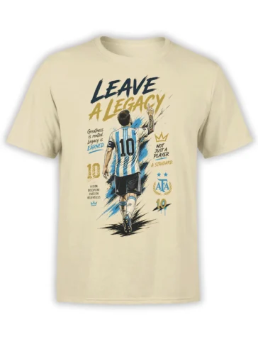 Beige soccer T-shirt with number 10 player, blue-white stripes, and bold Leave a Legacy lettering