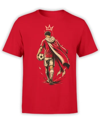 Red T-shirt with crowned soccer player carrying a ball and flowing cape graphic