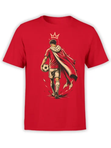 Red T-shirt with crowned soccer player carrying a ball and flowing cape graphic