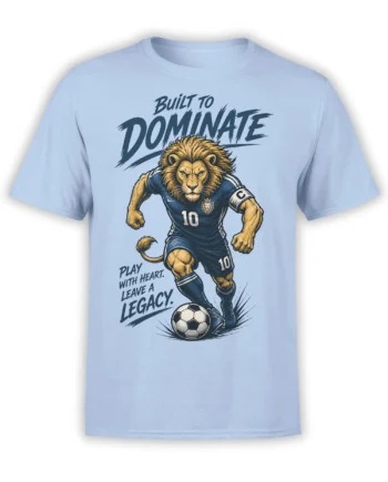 Fierce lion soccer player in a dark blue number 10 kit on a light blue T-shirt