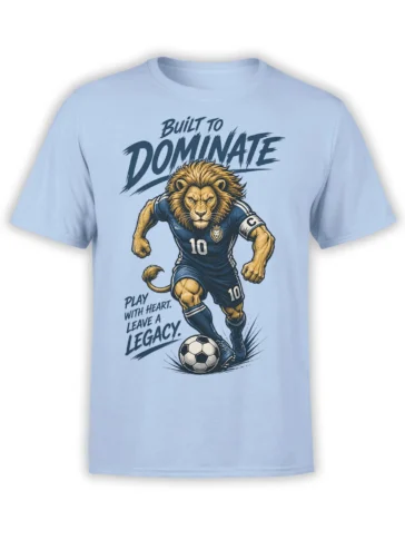 Fierce lion soccer player in a dark blue number 10 kit on a light blue T-shirt
