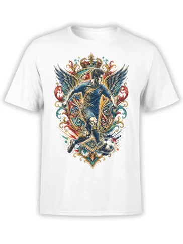 White soccer T-shirt with a crowned winged player, soccer ball, and ornate red, teal, blue, and gold artwork