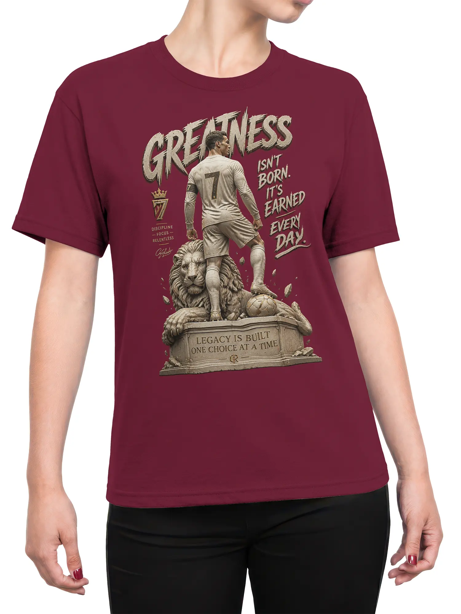 Female torso wearing a burgundy shirt with number 7 soccer player and lion legacy artwork
