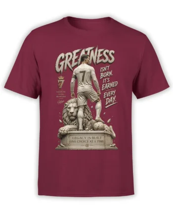 Number 7 soccer player, lion statue, and greatness message printed on a burgundy soccer shirt
