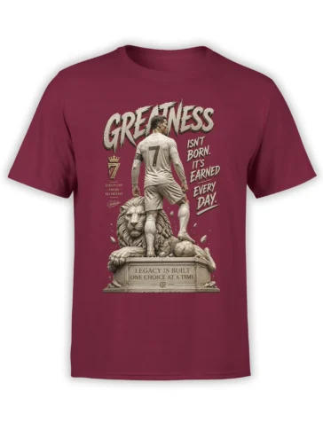Number 7 soccer player, lion statue, and greatness message printed on a burgundy soccer shirt