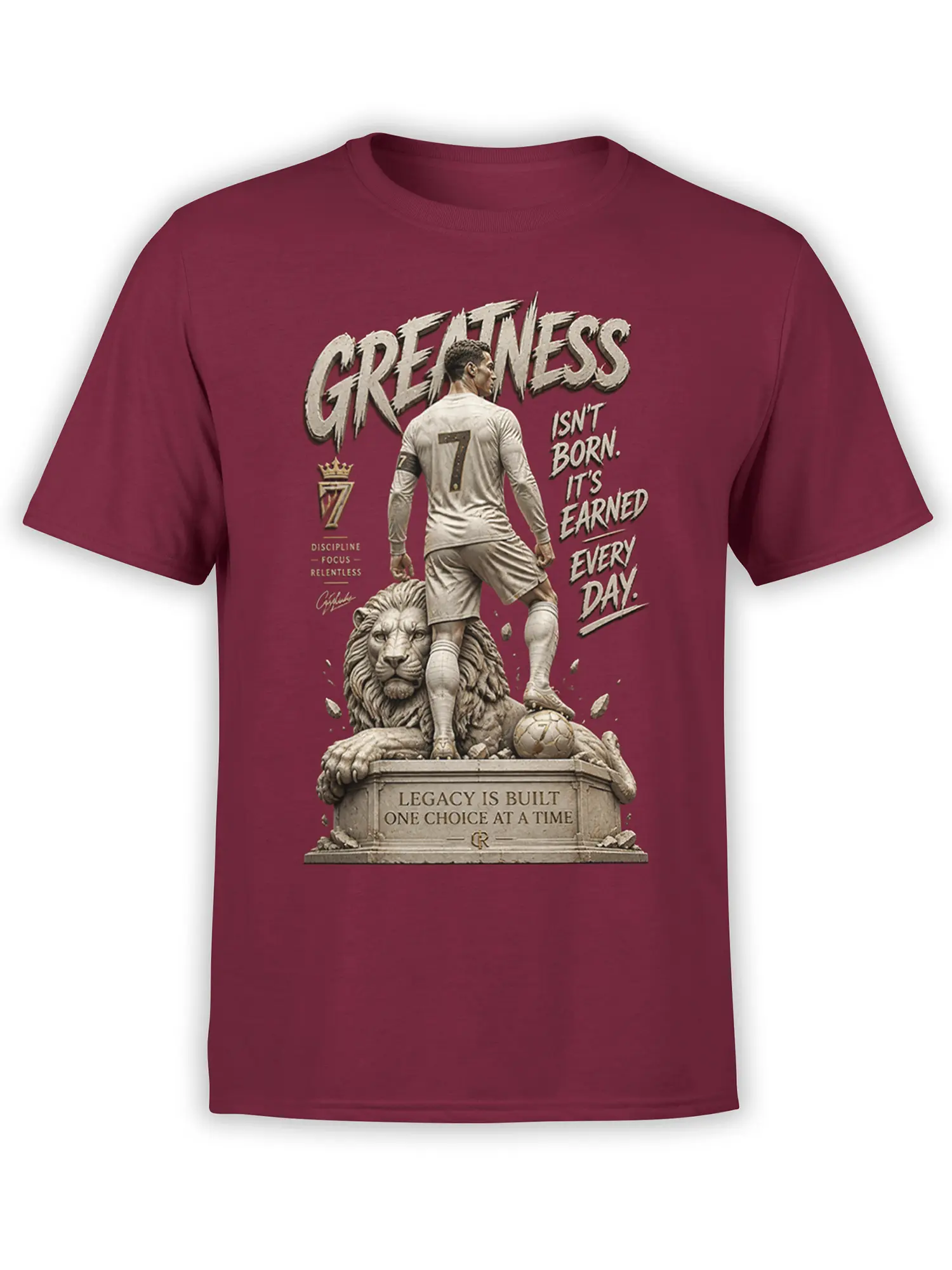 Number 7 soccer player, lion statue, and greatness message printed on a burgundy soccer shirt