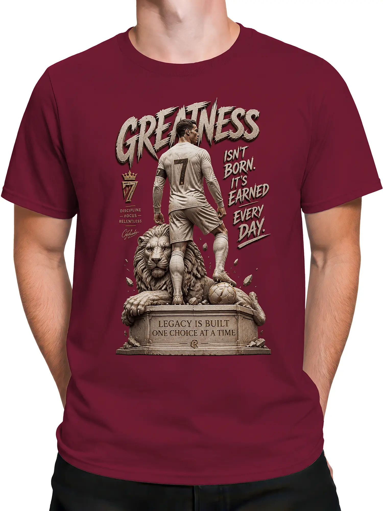 Male torso wearing a burgundy soccer shirt with number 7 player and lion design