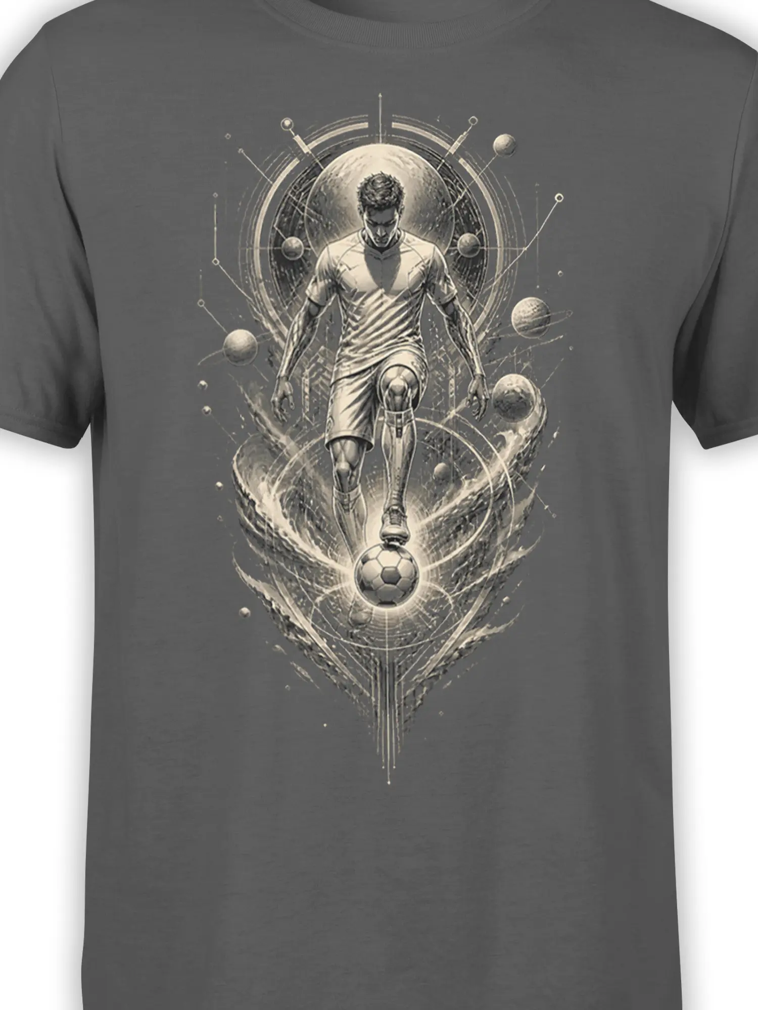 Close-up of the soccer player and glowing ball with planets and orbital details on a gray graphic tee
