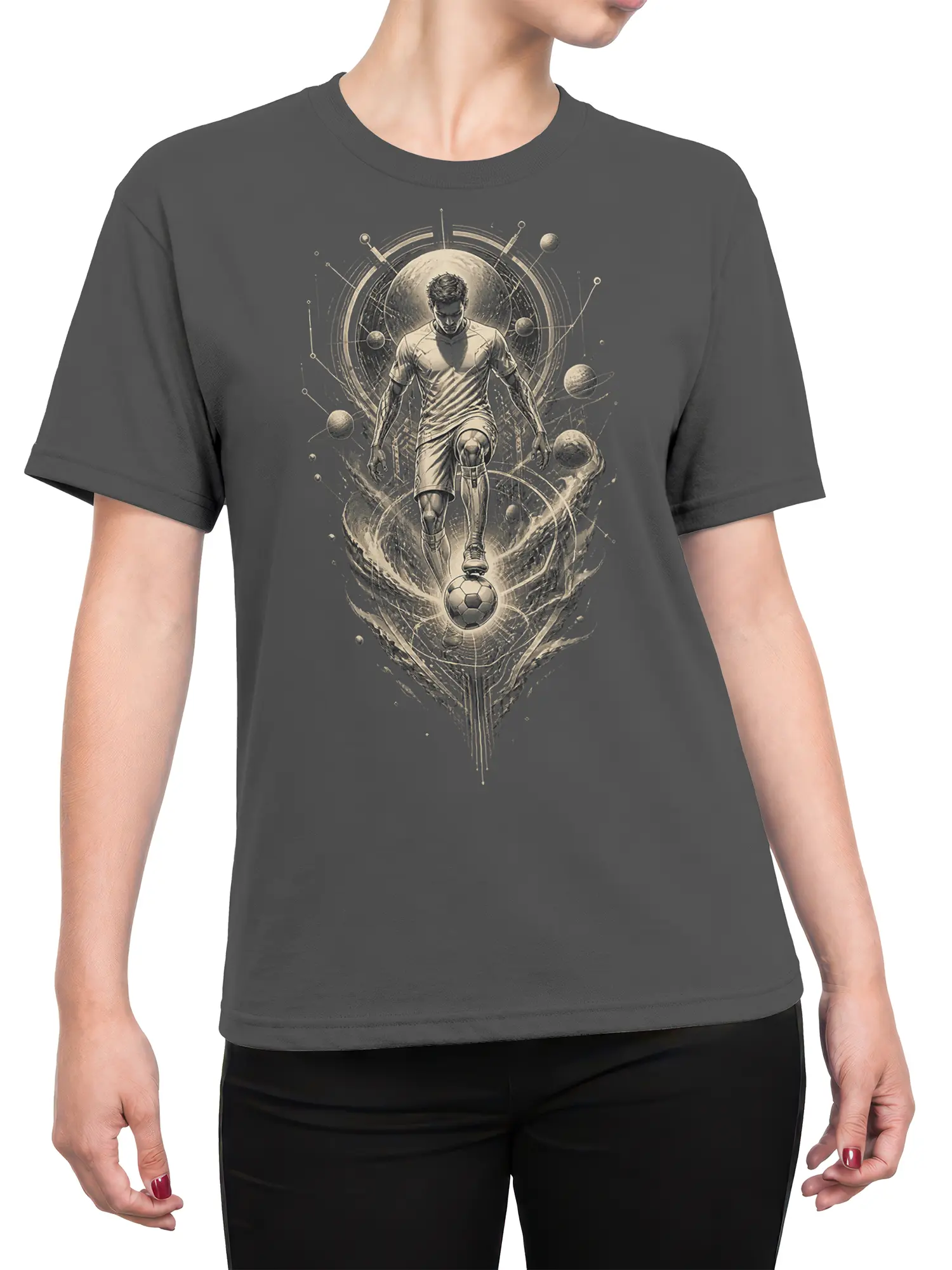 Female torso wearing a gray cosmic soccer t-shirt with a player, planets, orbit lines, and glowing ball