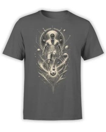 Gray soccer t-shirt with a monochrome player, glowing ball, planets, and orbit lines in a cosmic design