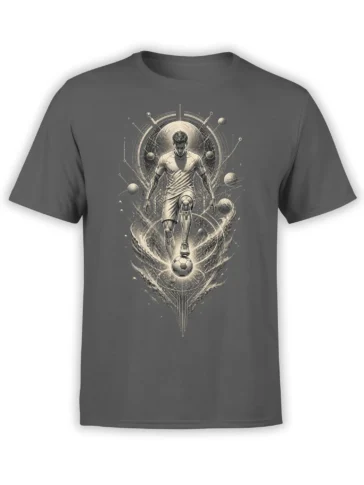 Gray soccer t-shirt with a monochrome player, glowing ball, planets, and orbit lines in a cosmic design