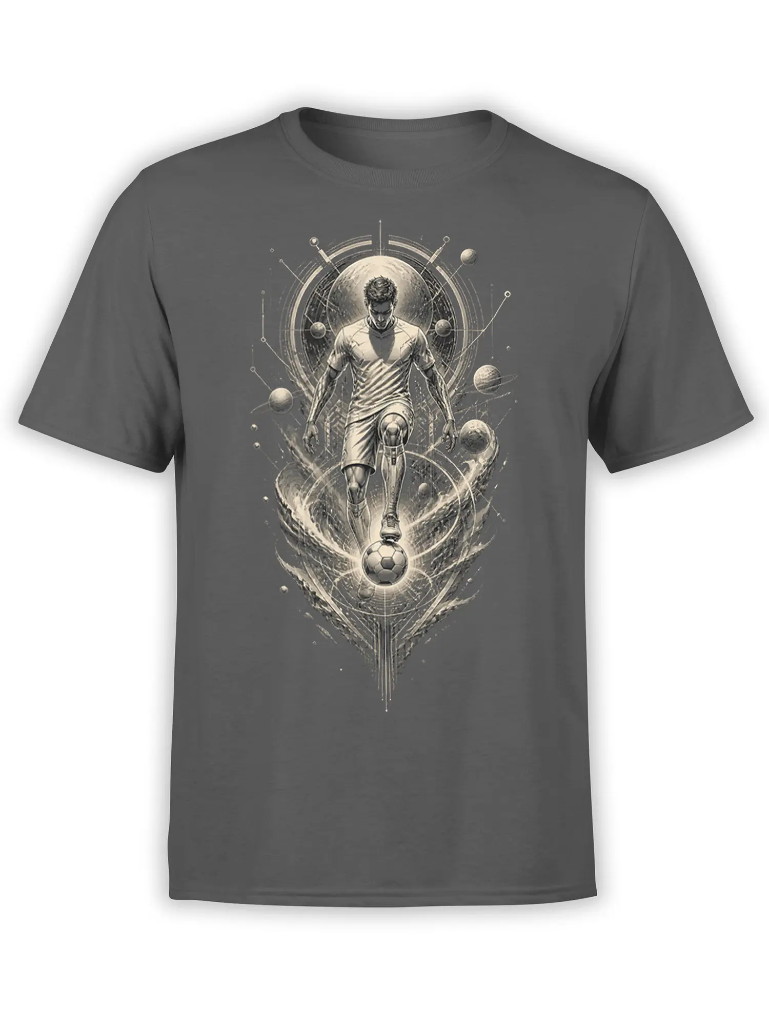 Gray soccer t-shirt with a monochrome player, glowing ball, planets, and orbit lines in a cosmic design