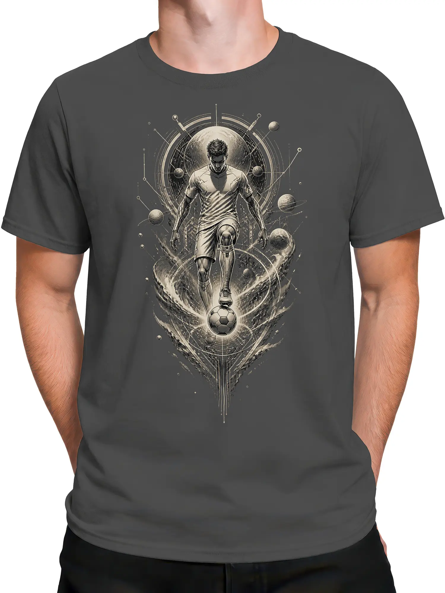 Male torso wearing a gray soccer graphic tee with a cosmic player, planets, and glowing ball