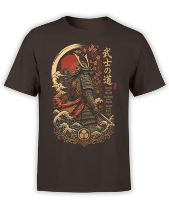 Brown samurai T-shirt with armored Japanese warrior, castle, red sun, blossoms, and ocean waves