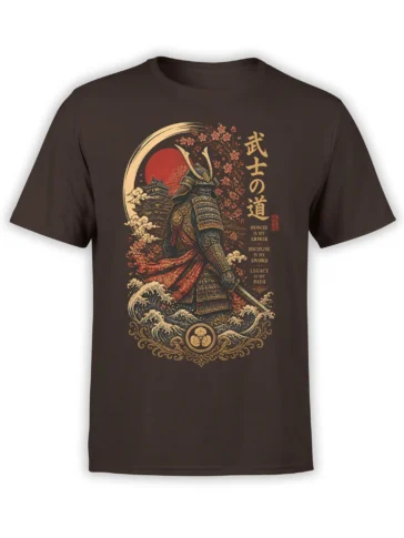 Brown samurai T-shirt with armored Japanese warrior, castle, red sun, blossoms, and ocean waves