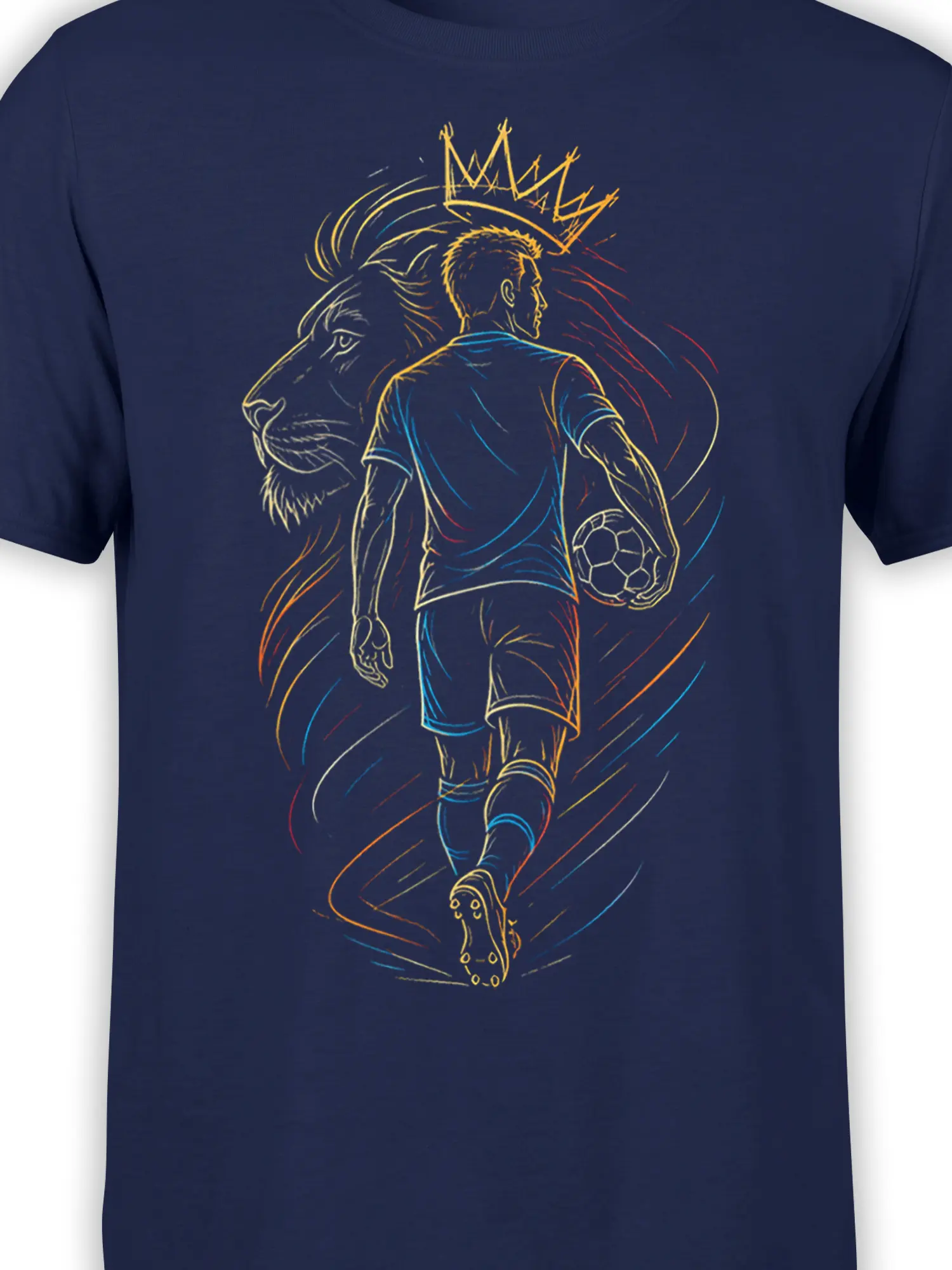 Close-up of crowned lion and soccer player artwork on a navy shirt