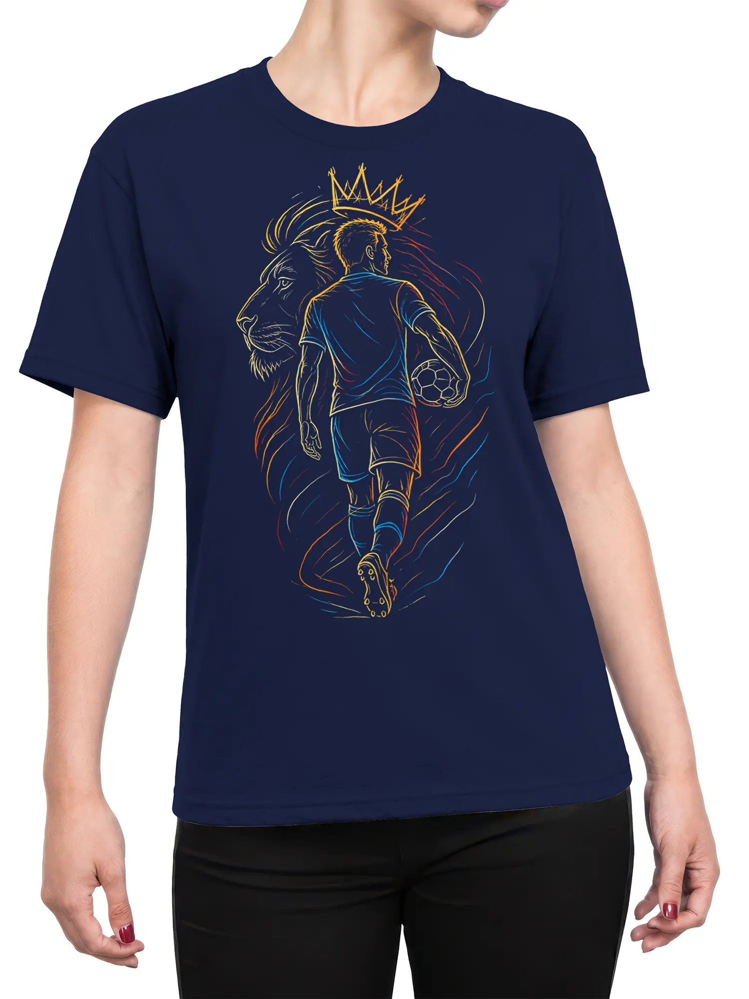 Female torso wearing a navy shirt with crowned lion soccer player artwork