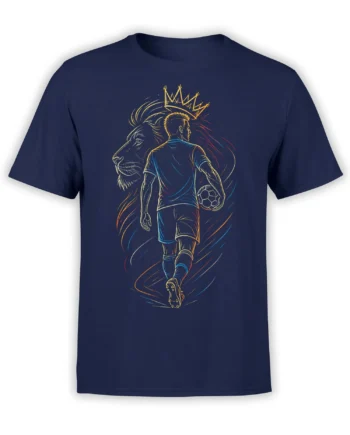 C﻿rowned lion behind a soccer player in motion on a navy graphic tee