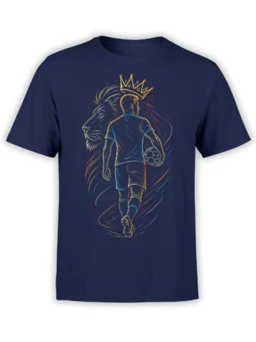C﻿rowned lion behind a soccer player in motion on a navy graphic tee