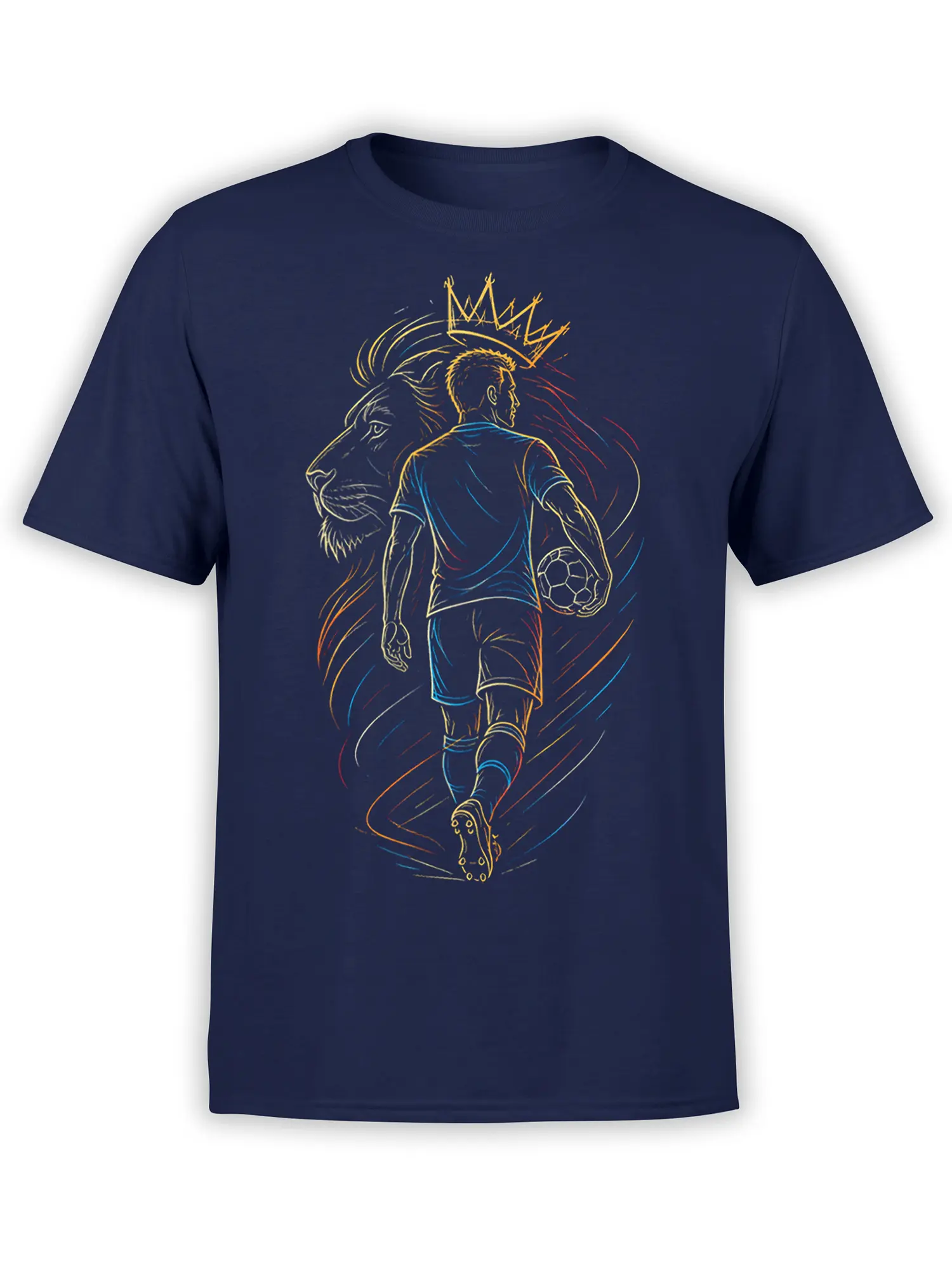 Crowned lion behind a soccer player in motion on a navy graphic tee
