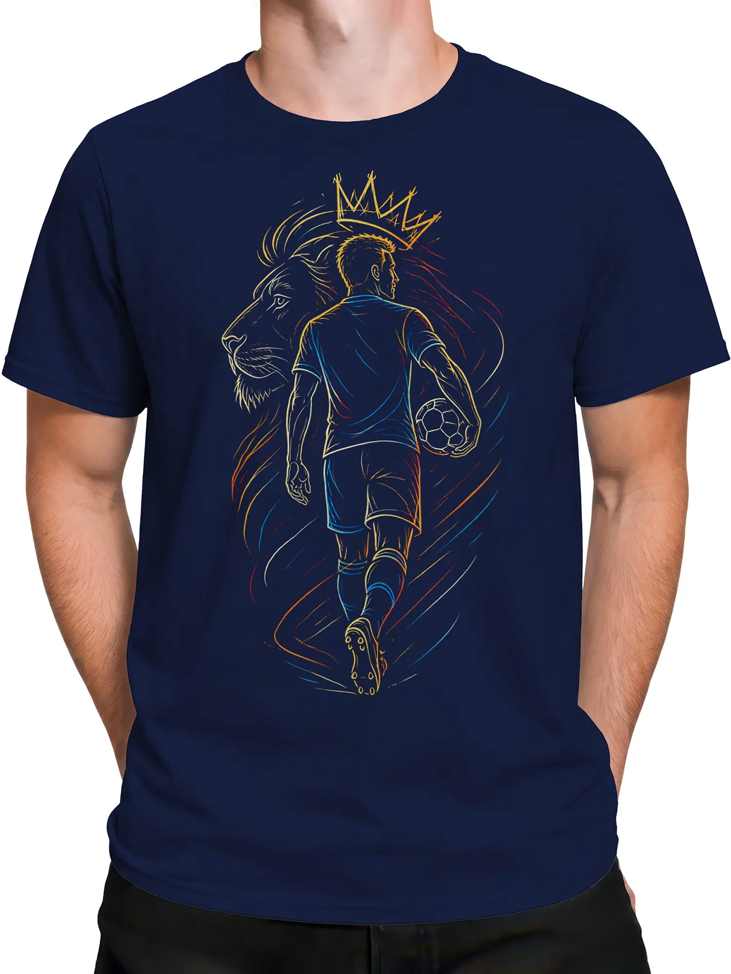 Male torso wearing navy crowned lion soccer player graphic shirt
