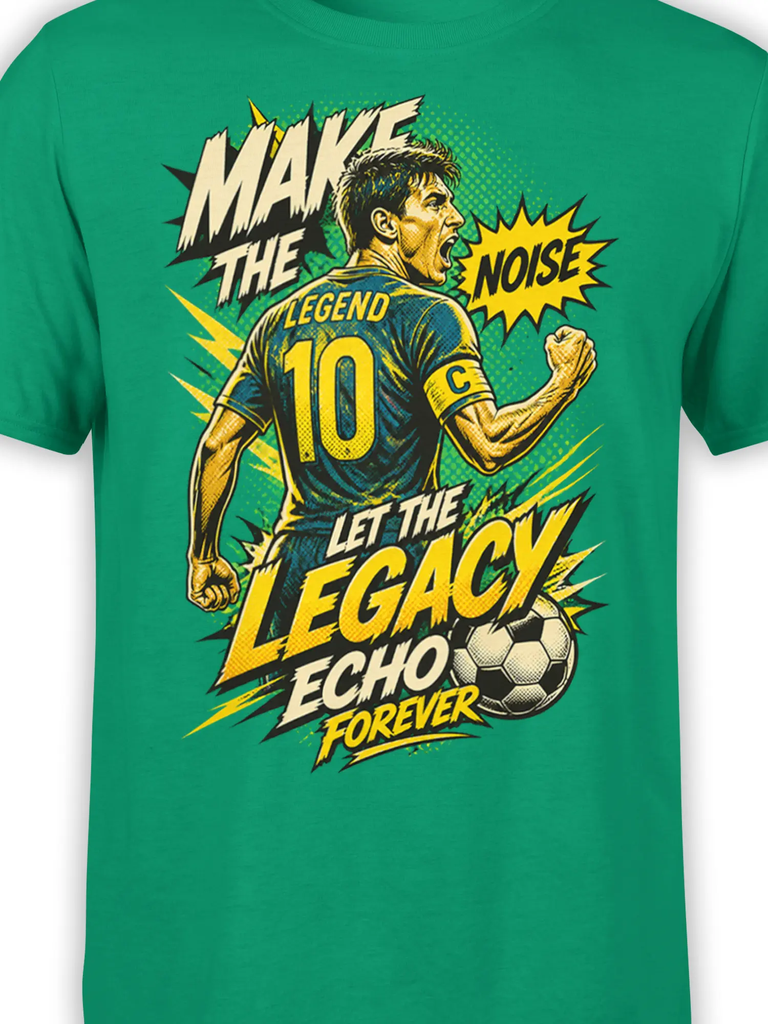 Close-up of number 10 soccer captain artwork with yellow text, captain armband, and soccer ball on green fabric