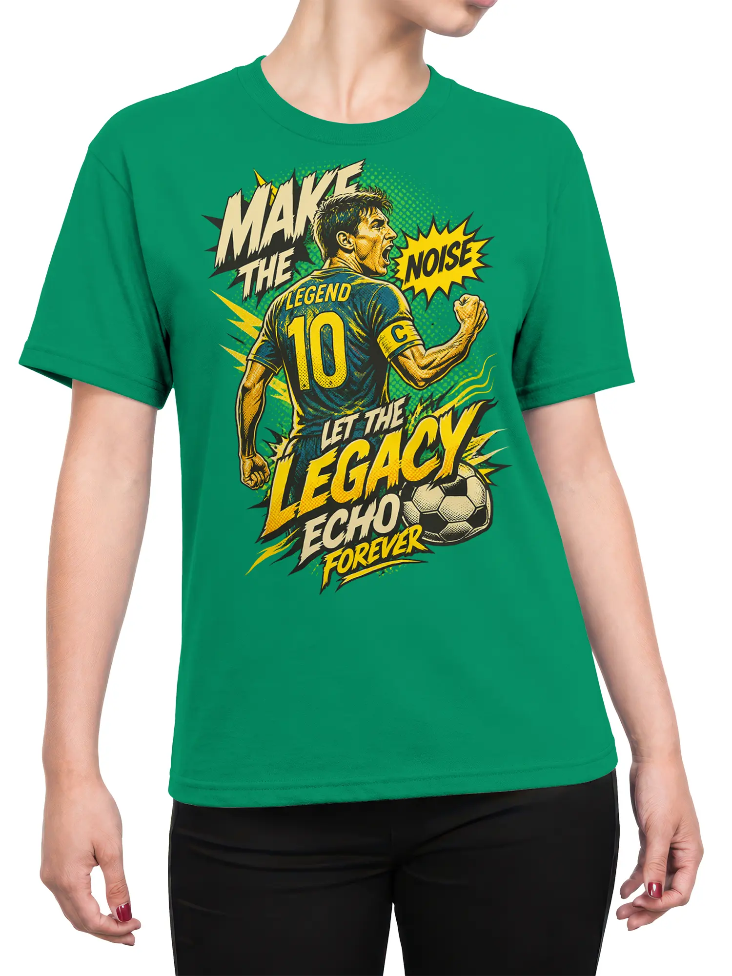 Female torso wearing green T-shirt with number 10 soccer captain graphic and bold yellow legacy lettering