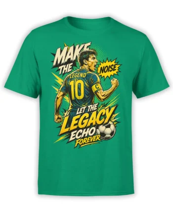 Number 10 soccer captain graphic with bold yellow lettering and soccer ball on a green T-shirt